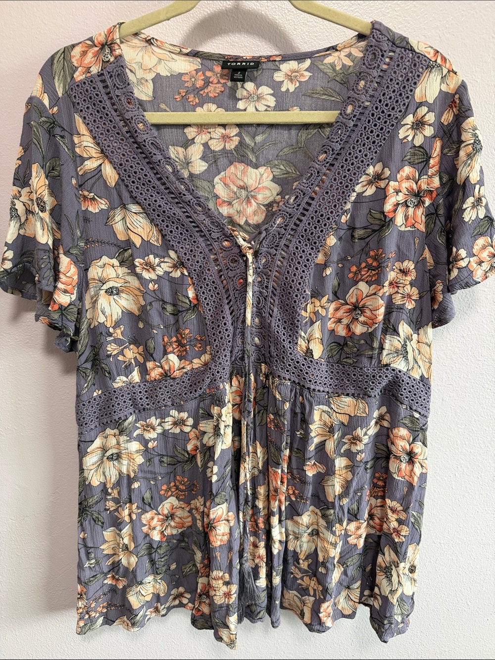 Torrid Lavender Floral Lace-Trim Peasant Top